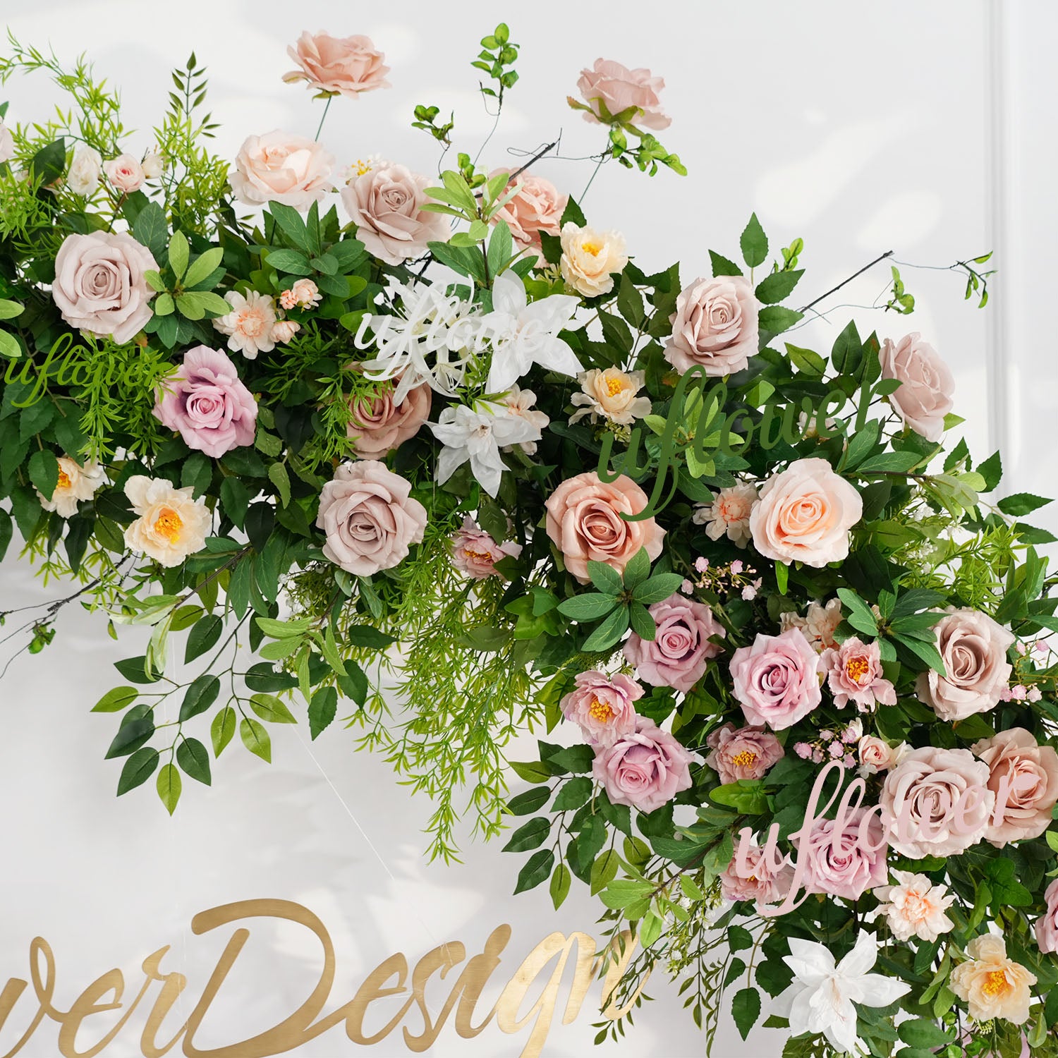 Uflower Champagne Pink Rose Green Leaf Hang Flower Floor Floral Wedding Party Event Props